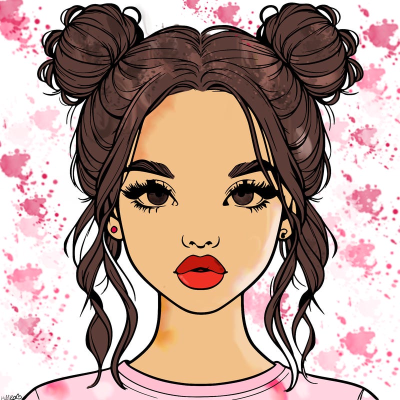 realistic girl with two buns in hair and lips