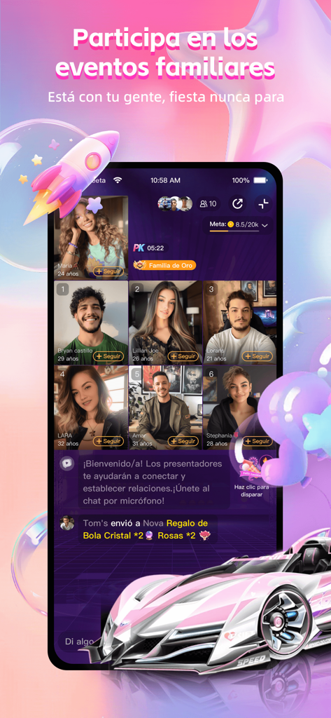 SeeTa: Corto, En vivo, Familia - Captura de tela do aplicativo SeeTa mostrando uma interface de chat de vídeo em grupo ao vivo para eventos familiares com vários perfis de usuário