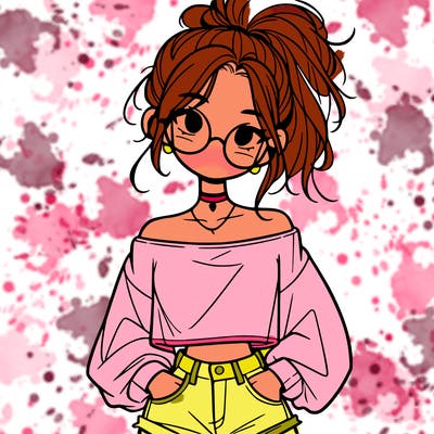 girl with a messy ponytail glasses a baggy crop top and jean shorts