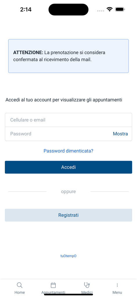 Tela de login do aplicativo de saúde MyMaterDei mostrando campos para e-mail e senha, juntamente com os botões de login e registro.