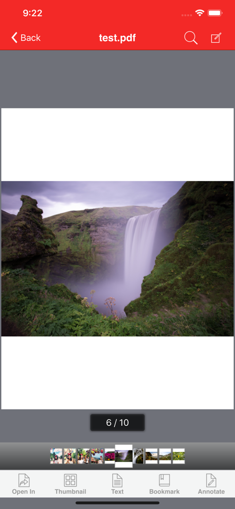 Power PDF - PDF Manager - Power PDF app interface showing a PDF document with a waterfall image and bottom navigation menu