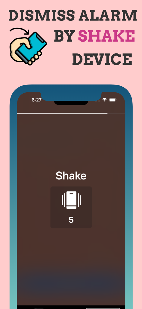 Alarmy . Smart Alarm Clock - Alarmy intelligenter Wecker Benutzeroberfläche, die die Funktion der Geräte-Schüttel-Aufgabe zur Deaktivierung des Alarms zeigt