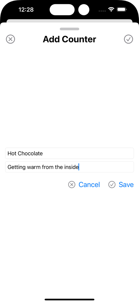 Counter - Tally Meister - La pantalla Agregar contador de la aplicación Tally Meister que muestra campos para un título y subtítulo personalizados.