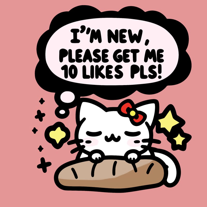 kitty taking a nap dream talking and saying "i'm new, please get me at least 10 likes pls!!"