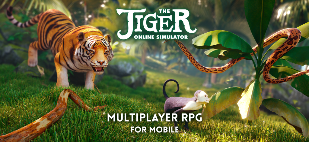 The Tiger Online RPG Simulator モバイルゲームの緑豊かなジャングルにいる3Dのトラ