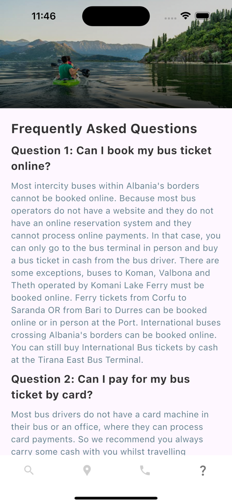 Albania Bus Timetable - Frequently Asked Questions screen in the Albania Bus Timetable app explaining bus ticket booking and payment options
