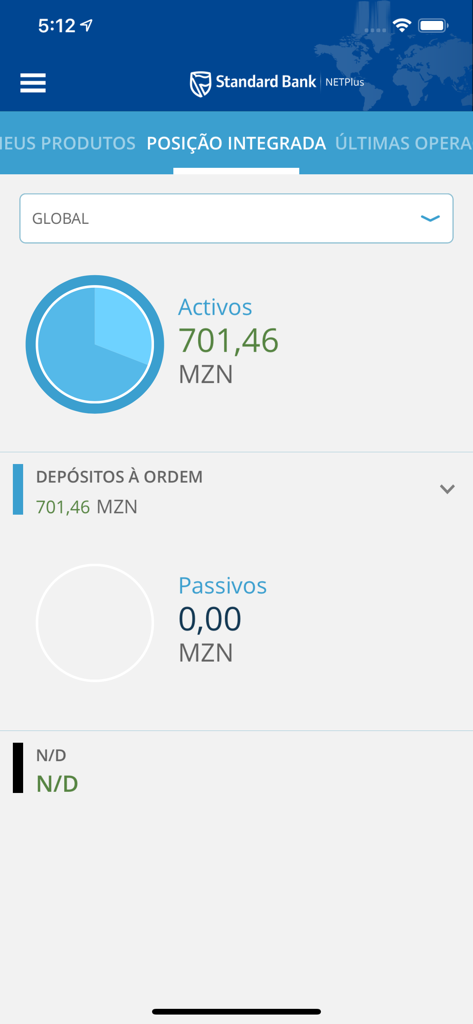 Standard Bank MZ NETPlus mobile app integrated position screen showing account balances in Mozambican Metical