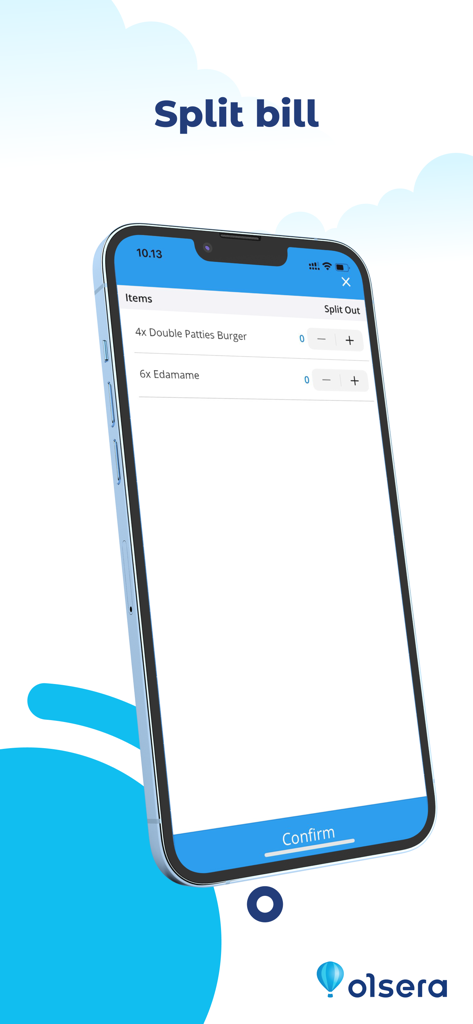 Olsera - Point Of Sale V2 - iPhone screen showing the split bill feature in the Olsera Point of Sale app with burger and edamame items