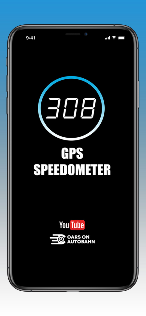 GPS Speedometer COA app home screen showing a digital speed reading of 308 and Cars on Autobahn branding