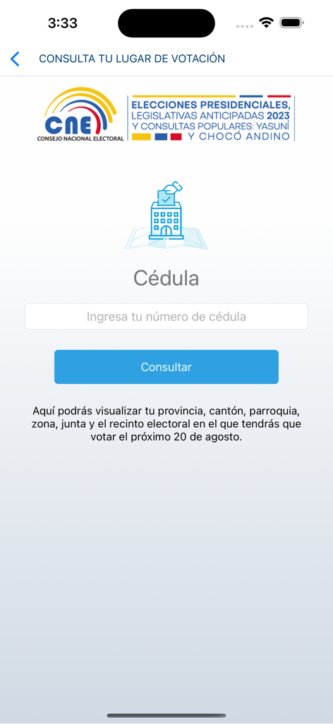 CNE App screen for checking Ecuadorian voting locations using a national ID number