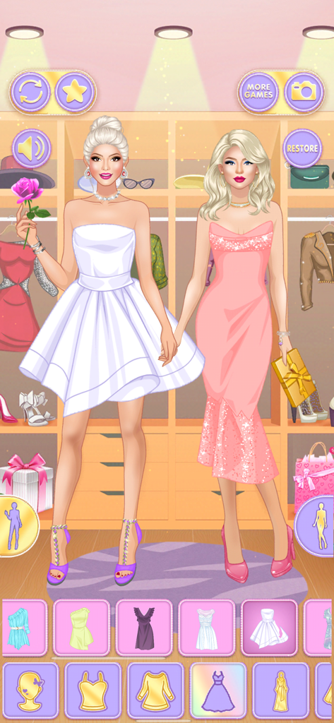 Pastel Sisters Dress Up Games - Two sister dolls dressed in elegant white and pink gowns in a fashion wardrobe simulator.