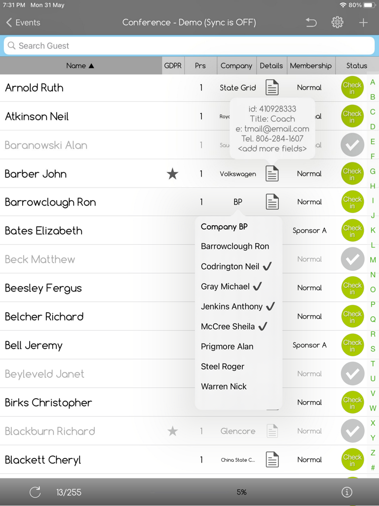 e-GuestList app interface on iPad showing a list of event attendees with check-in status and guest details