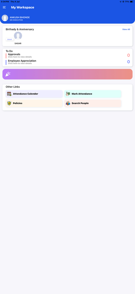 Onex HRMS - The My Workspace dashboard of the Onex HRMS app featuring attendance and task modules
