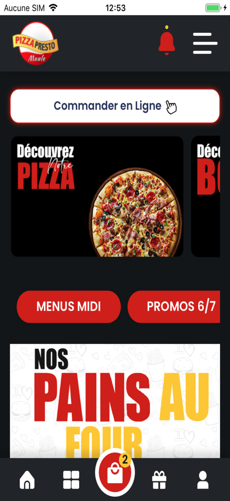 Écran d'accueil de l'application mobile Pizza Presto Maule présentant le menu des pizzas et la commande en ligne