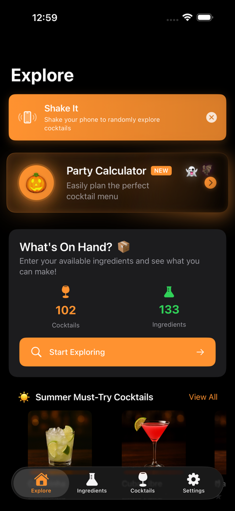 Explore-Bildschirm der ShakeIt Cocktail-App mit Party-Rechner und Inventarverfolgung für Zutaten