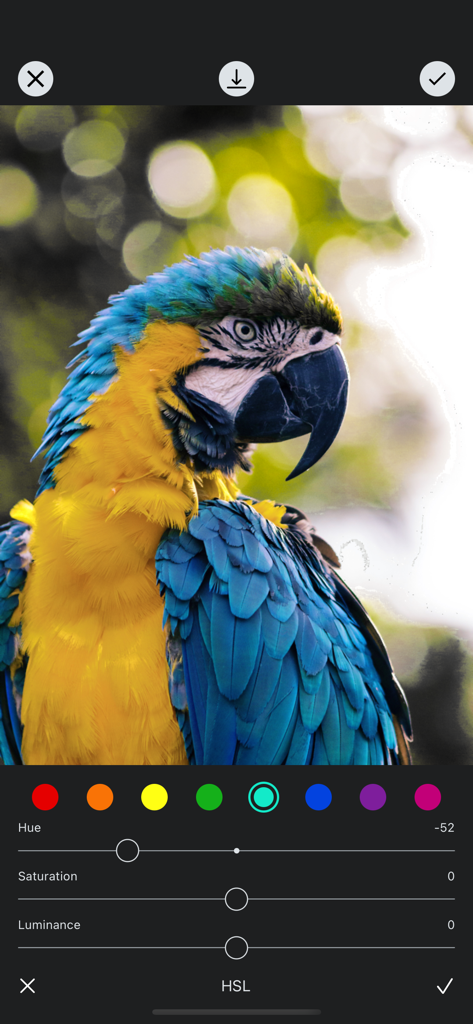 Photo Filters + - Interface of Photo Filters plus app showing HSL color adjustments on a vibrant macaw photo
