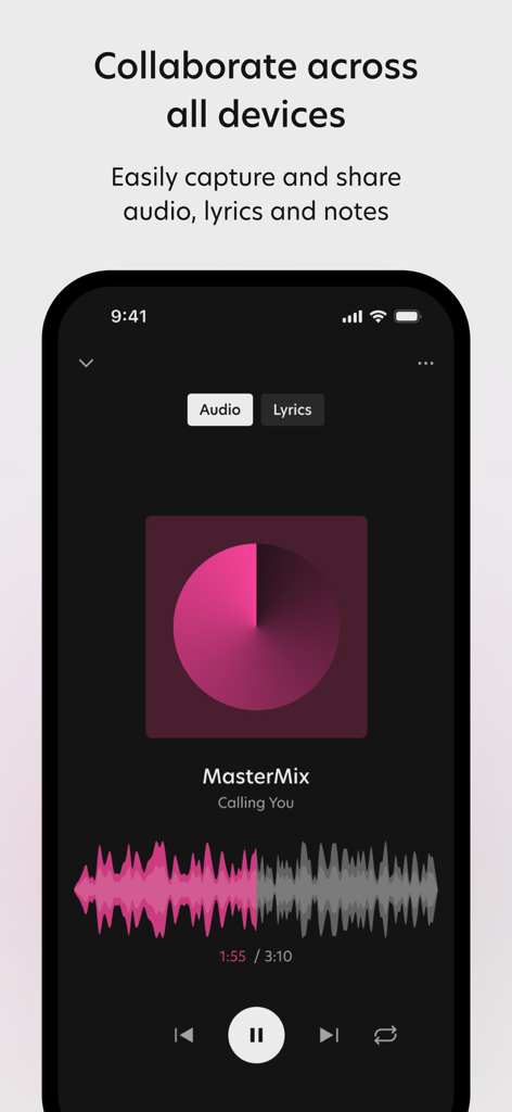 Session Studio - Session Studio mobile app interface displaying a music player with waveform and playback controls for audio collaboration