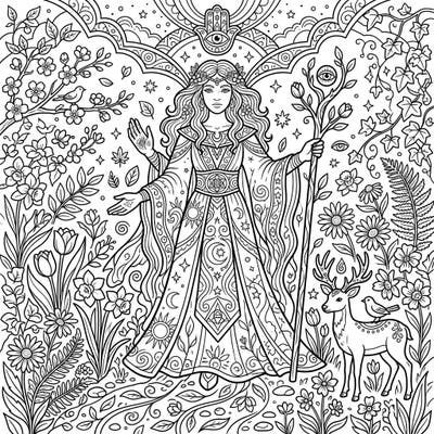 Embark on a creative journey with our Spring Oracle coloring page, a stunning blend of prophecy and nature's rebirth. This intricate design invites you to color a wise figure surrounded by the vibrant beauty of the spring season, perfect for thoughtful relaxation.