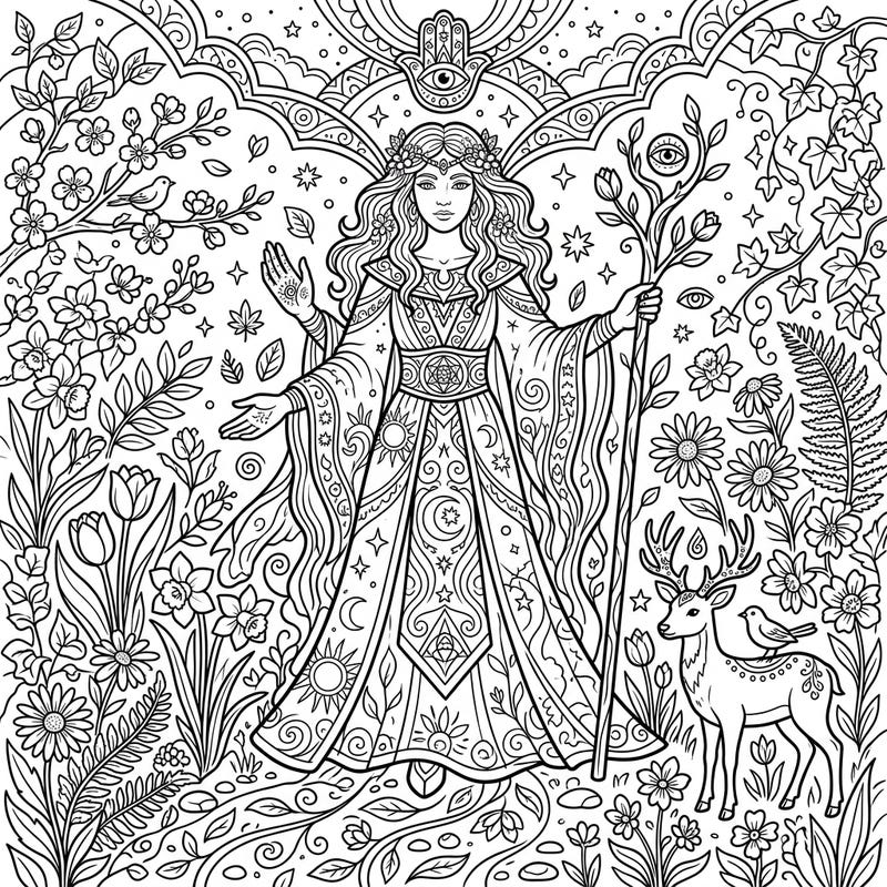 Embark on a creative journey with our Spring Oracle coloring page, a stunning blend of prophecy and nature's rebirth. This intricate design invites you to color a wise figure surrounded by the vibrant beauty of the spring season, perfect for thoughtful relaxation.
