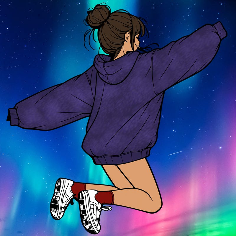 realistic girl jumping with a bun and oversized sweatshirt