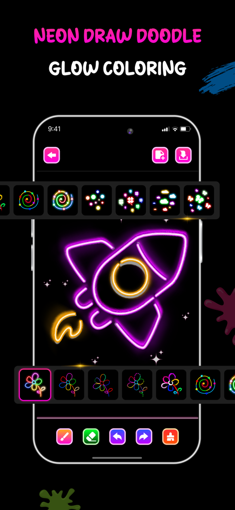 Neon Draw app interface with a glowing purple and yellow rocket ship