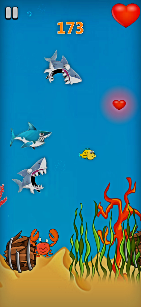 Fun Mini Games: No WiFi - Uma captura de tela do minijogo Fish Escape mostrando um pequeno peixe amarelo desviando de tubarões em um ambiente subaquático.