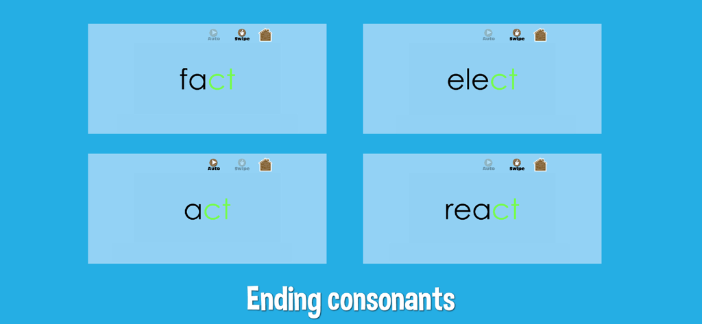 Learn to Read: Sight Words - Tarjetas educativas que muestran palabras con consonantes finales resaltadas en la app Aprende a Leer