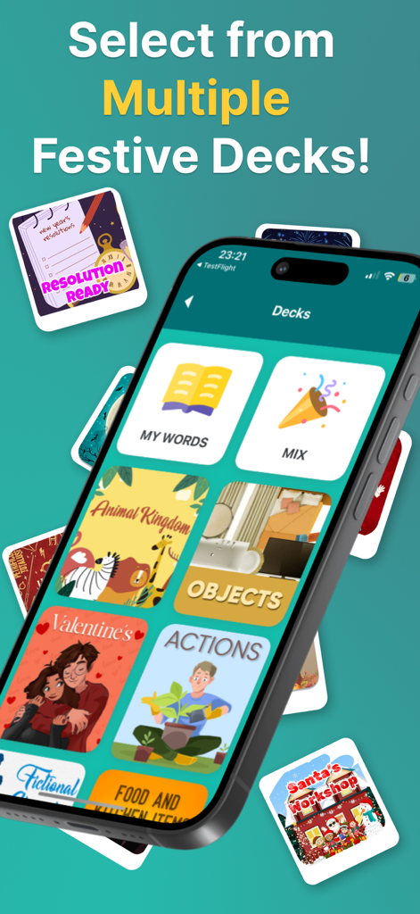 Smartphone screen showing a variety of themed word decks in the Hot Phrase party game