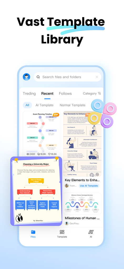 Interfaccia dell'app EdrawMax che mostra un'ampia varietà di modelli professionali di diagrammi per flowchart, timeline e visualizzazioni didattiche.