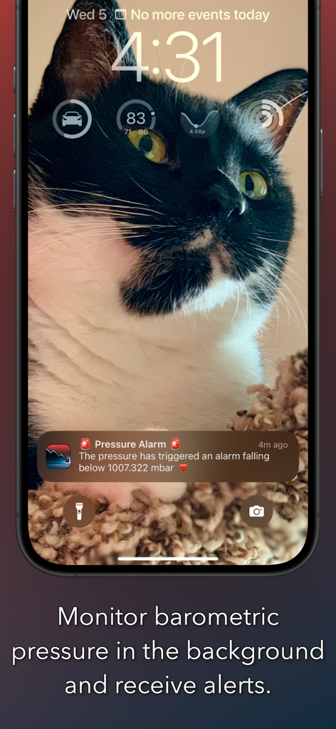 Barograph: Barometer Graph - Ein iPhone-Sperrbildschirm mit einer Benachrichtigung über einen Luftdruckalarm von der Barograph-App.