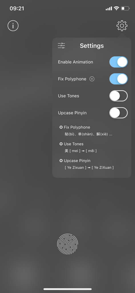 Settings screen of the Phonetic Contacts app showing options for pinyin tones polyphone correction and uppercase formatting