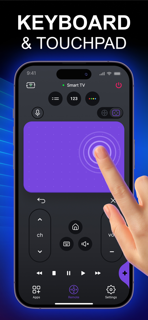 Universal Remote - TV Remote - Interfaz de la aplicación Control Universal mostrando el panel táctil responsivo y el control del teclado para smart TVs