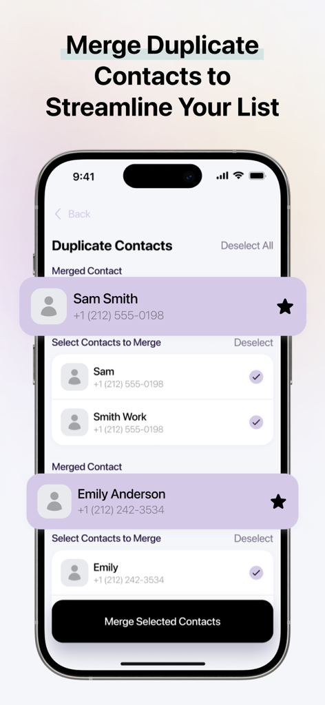 Sparkle - Cleaner App - A smartphone screen showing the Sparkle app interface for identifying and merging duplicate contacts