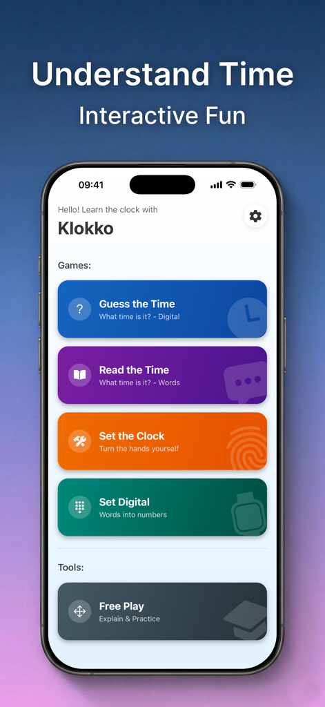 Main menu of the Klokko app displaying various interactive time learning games