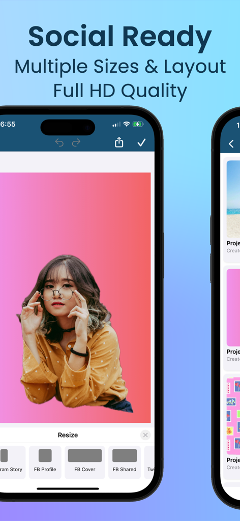 AI Background Eraser: CleanCut - FacebookおよびInstagramのプロファイルとカバー用のソーシャルメディアリサイズツールを示すCleanCutアプリのインターフェイス。