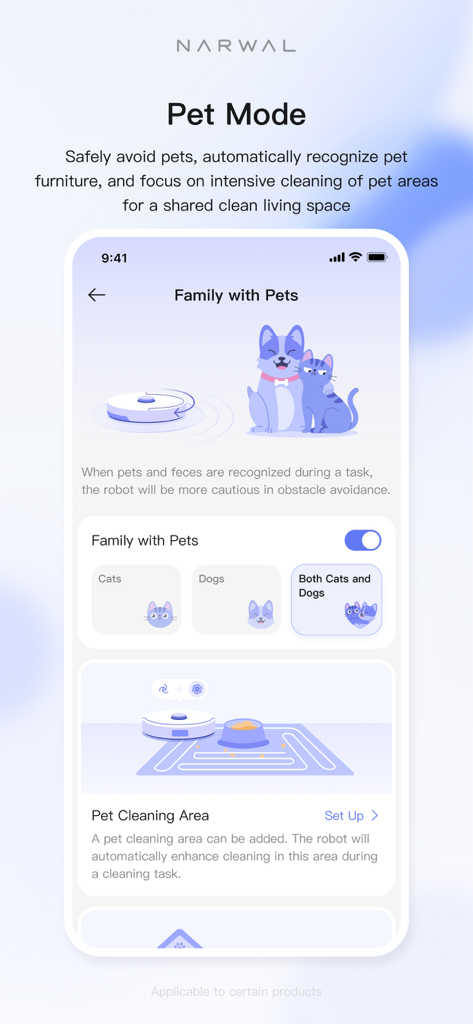 Narwal Freo - Narwal Freo app Pet Mode interface showing settings to recognize and avoid pets while cleaning.