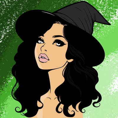 realistic witch girl with wavy hair and lips