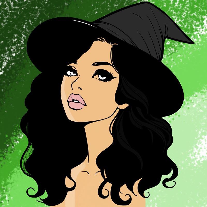 realistic witch girl with wavy hair and lips