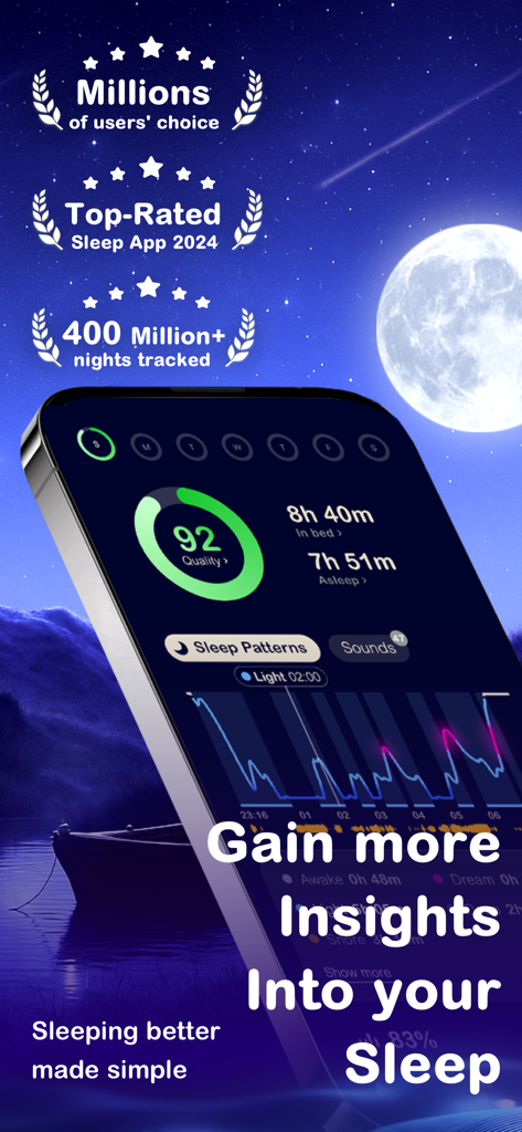 SleepMo app interface showing sleep cycle analysis and sleep quality score
