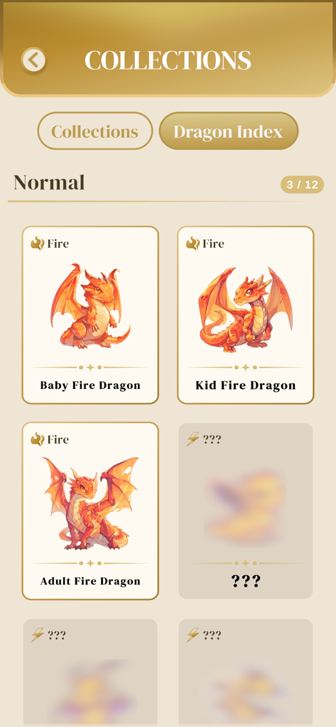 Fluffle: Focus With Dragons - コレクション画面には、赤ちゃんのドラゴンから大人のドラゴンまでの火のドラゴンの成長段階が表示されています。