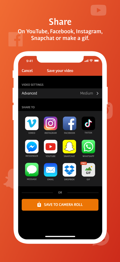 Videoshop - Video Editor - Videoshop app share screen showing icons for social media platforms like TikTok Instagram and YouTube