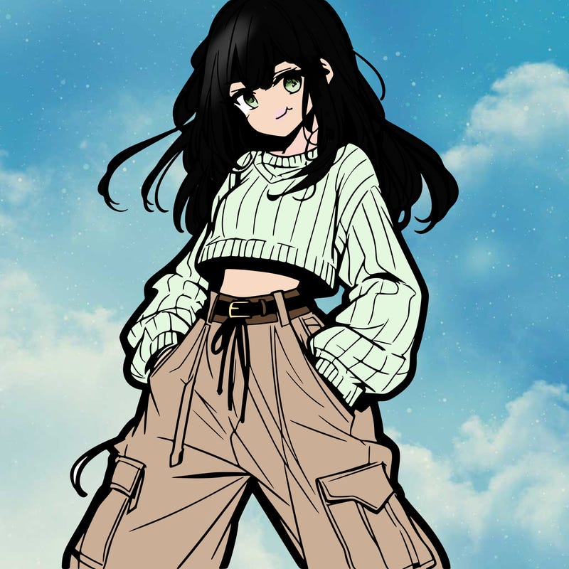 anime teen girl with baggy pants and crop top with sweater