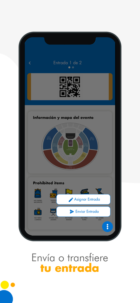 A smartphone showing a digital event ticket with a QR code, venue map, and options to assign or send the ticket.