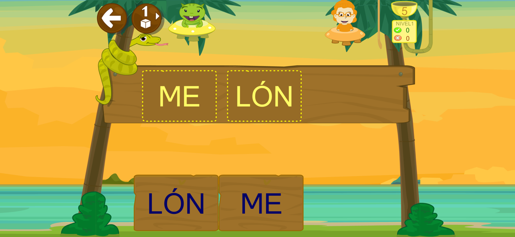 Leo con Grin FULL aprende leer - Juego educativo en español para niños que muestra cómo formar la palabra melón usando sílabas en un cartel de madera con personajes de dibujos animados
