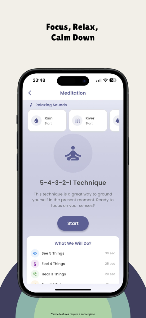 Pantalla de la aplicación móvil Soolo que muestra la técnica de conexión a tierra 5-4-3-2-1 y sonidos de relajación para el apoyo en caso de ataque de pánico.