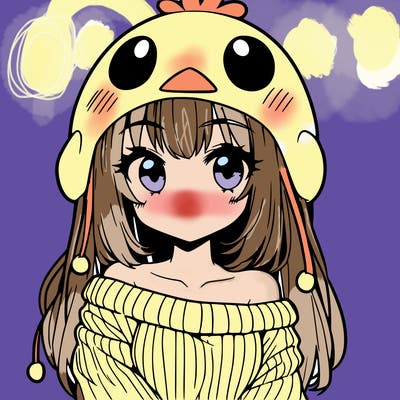 anime girl with chick shaped hat with sweater with bare shoulders with bangs covering them one eye with low tail