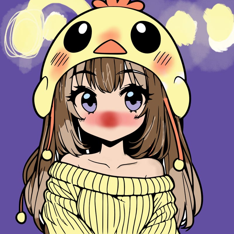 anime girl with chick shaped hat with sweater with bare shoulders with bangs covering them one eye with low tail