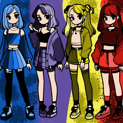 one girl with crop-top shirt and a jacket with a skirt, long socks and another girl with a shirt and pants with a jacket