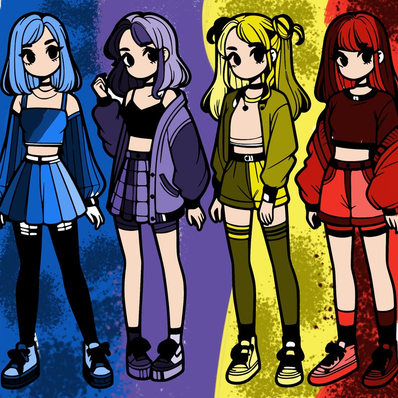 one girl with crop-top shirt and a jacket with a skirt, long socks and another girl with a shirt and pants with a jacket