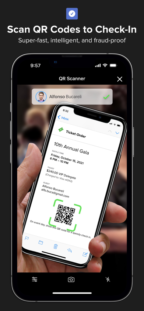 Events & Guest Lists | Diobox - Um smartphone usando o aplicativo Diobox para escanear um código QR em outro dispositivo para o check-in de um evento de gala.